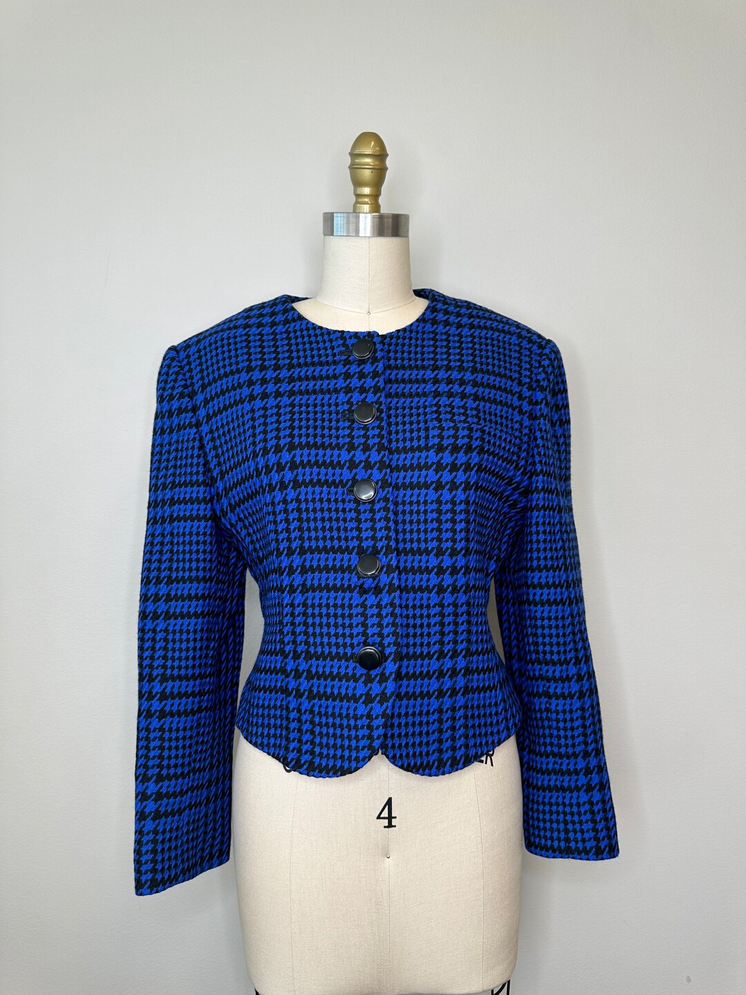 JH Collectibles Petite Blue and Black Houndstooth Crop Blazer Etsy