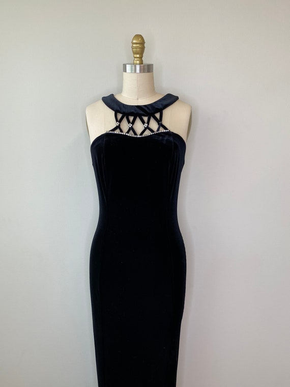 Black Velvet Halter Long Evening Gown with Slit - image 3