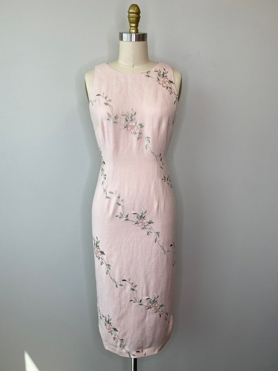 Pink Botanical A-Line Pink Linen Dress