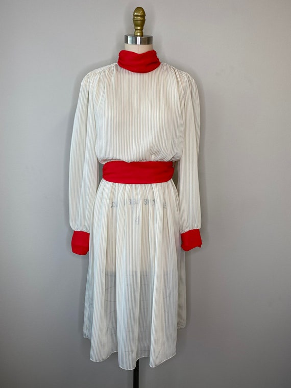 Sheer Red Striped Secretary Belted Dress