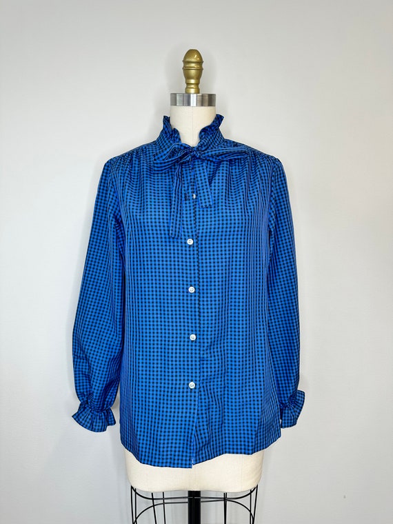 Vintage Blue & Black Checkered Pussy Bow Blouse w… - image 2