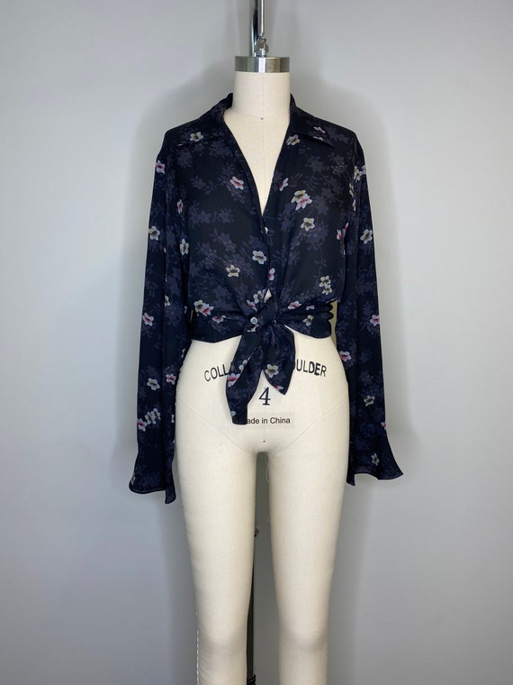 Black Silk Floral Long Flutter Sleeve Blouse - image 8