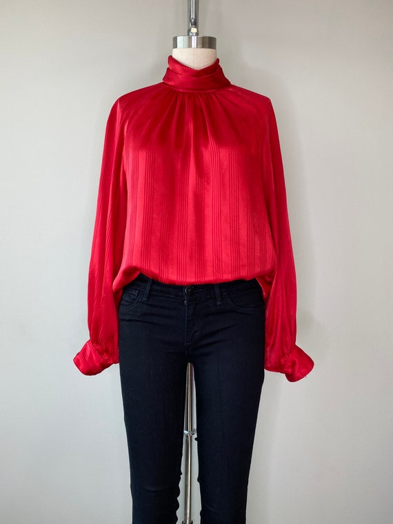 Red High Neck Long Sleeve Blouse