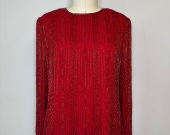 Vintage Red Beaded Silk Long Sleeve Blouse