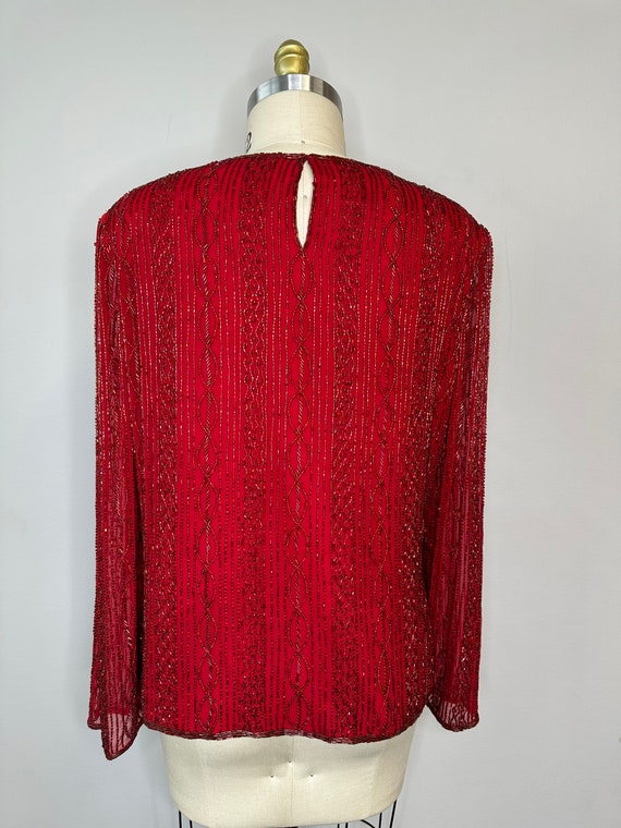 Vintage Red Beaded Silk Long Sleeve Blouse - image 4