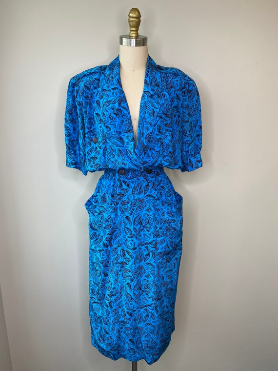 Vintage Secretary Silk Blue Dress - image 1