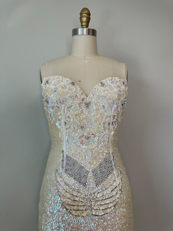 Vintage Cream Sequin Fitted Sleeveless Dress - image 4