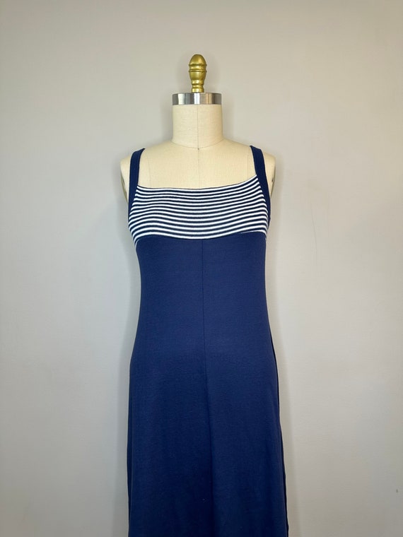 Robe de chambre vintage bleu blanc avec ceinture et rayures marines - France