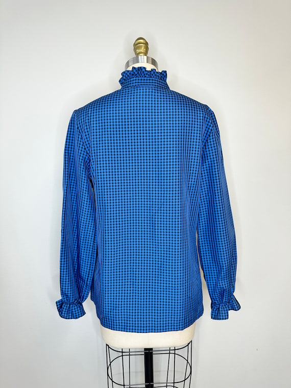 Vintage Blue & Black Checkered Pussy Bow Blouse w… - image 4