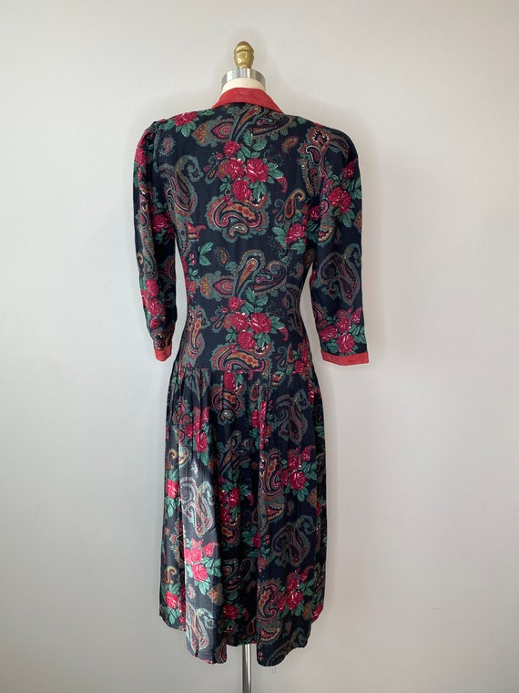 Dark Floral Drop Waist Pleated Dress - image 7