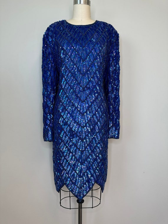 Vintage Beaded Sequin Beautiful Cobalt Dress - image 3