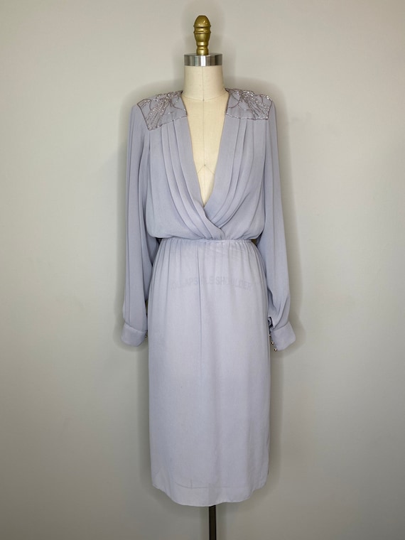 80’s Light Gray Beaded Pleated Dress