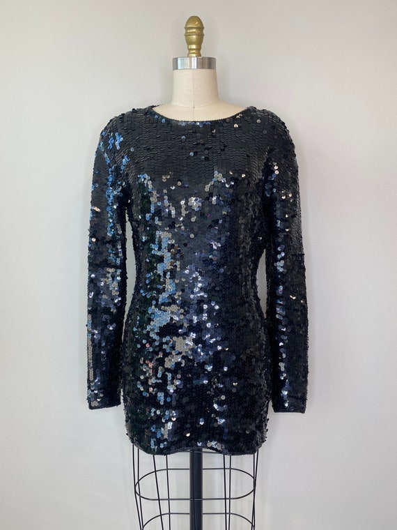 80's Short Black Sequin Shoulder Pad Mini Dress or Top