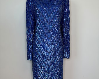 Vintage Beaded Sequin Beautiful Cobalt Dress