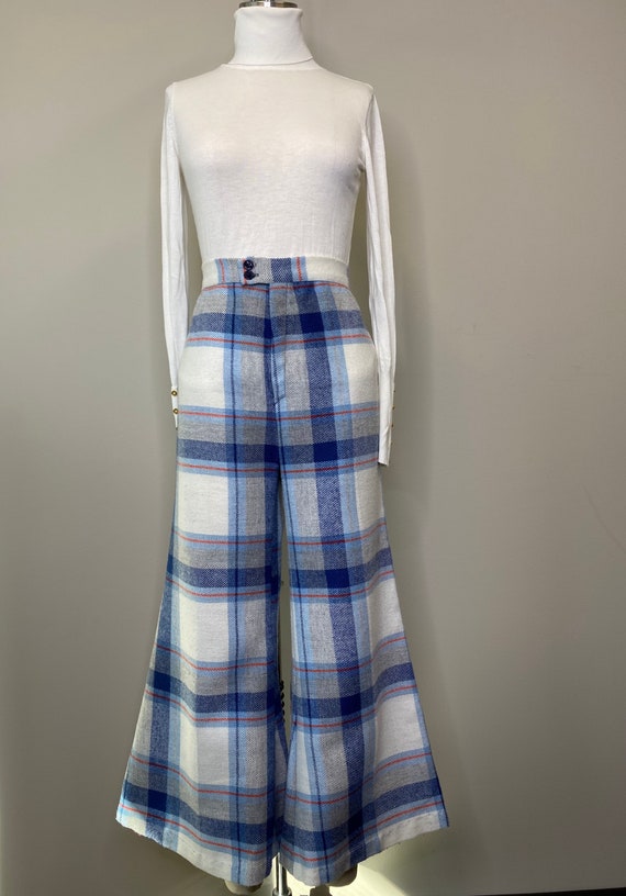 70s Blue & White Tartan Flare Trousers - image 1