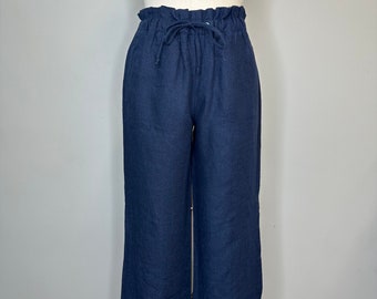 Pantalones de cordón de lino azul marino
