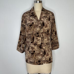 Vintage Leopard Silk Button Down 3/4 Sleeve Blouse