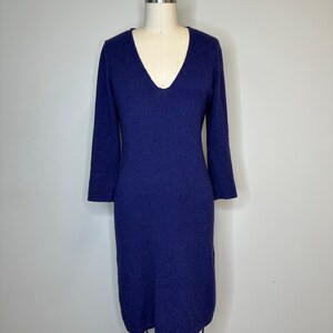 May include: A deep purple, long-sleeved sweater dress with a v-neck.
