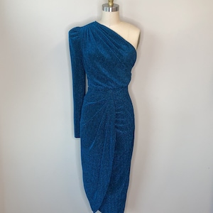 One Arm Glittery Teal & Black Gown