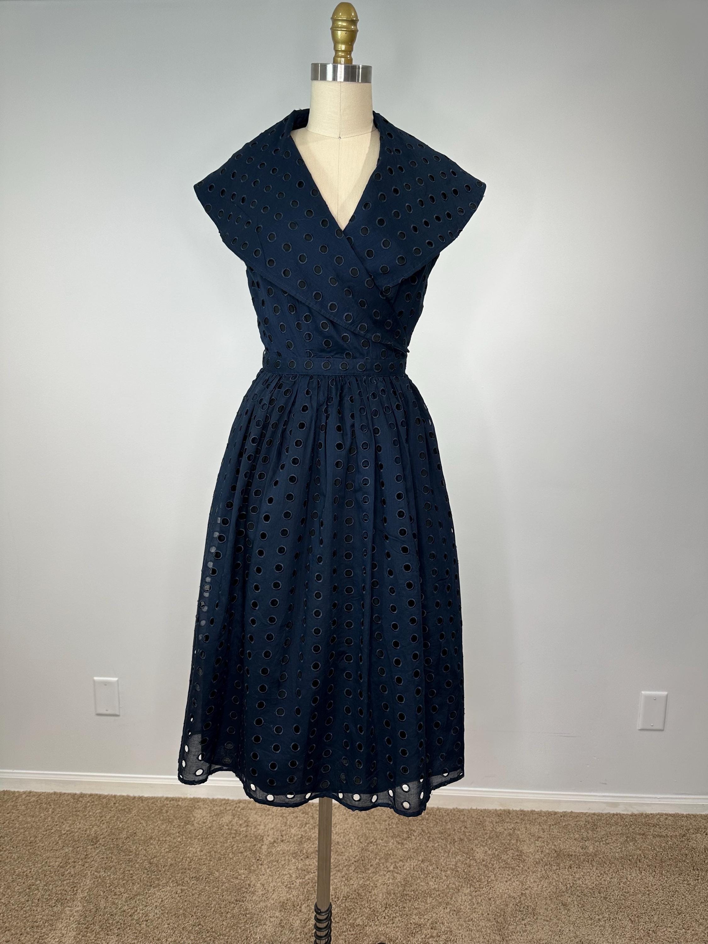 blue dress for baby girl C-17437-Scallop Eyelet Dress -Navy – whoopikids main image 0