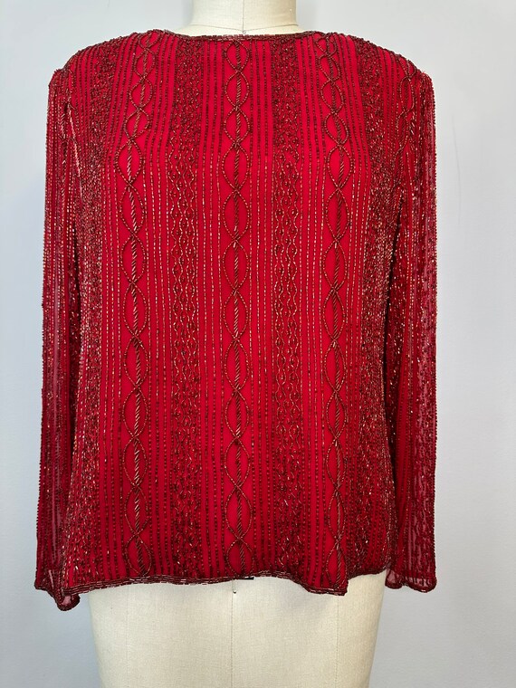 Vintage Red Beaded Silk Long Sleeve Blouse - image 2