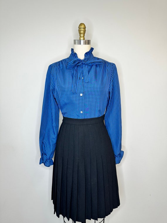 Vintage Blue & Black Checkered Pussy Bow Blouse w… - image 1