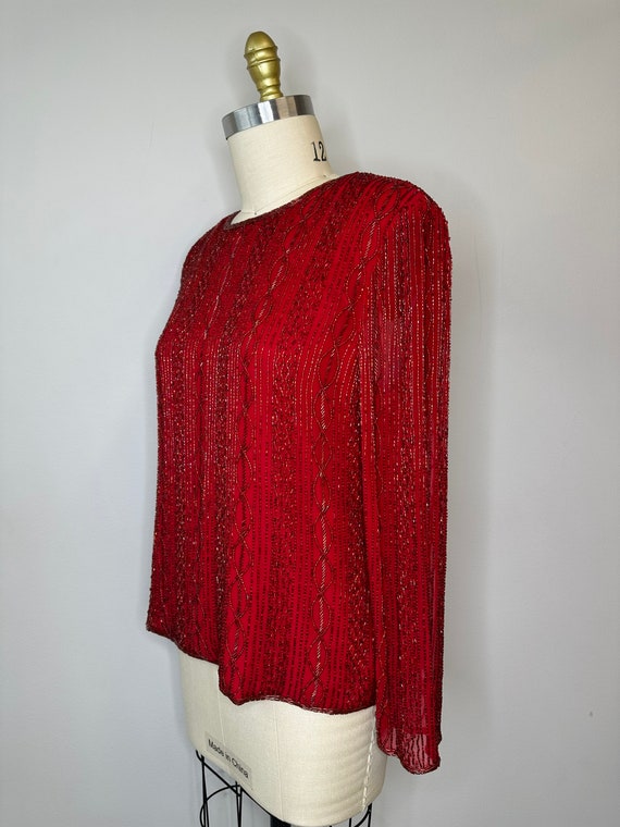 Vintage Red Beaded Silk Long Sleeve Blouse - image 3