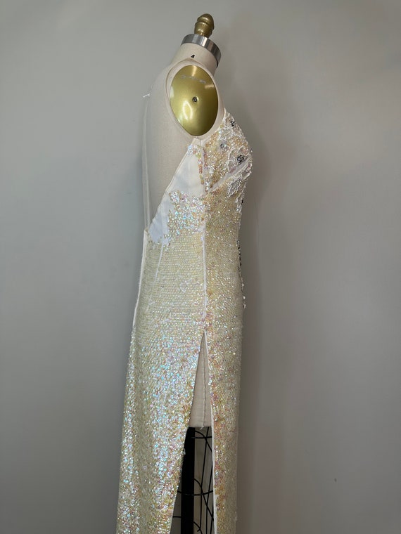 Vintage Cream Sequin Fitted Sleeveless Dress - image 7