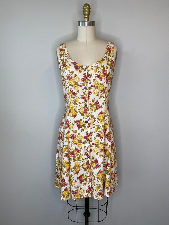 90s Short Red & Yellow Floral Short Day Dress - image 5