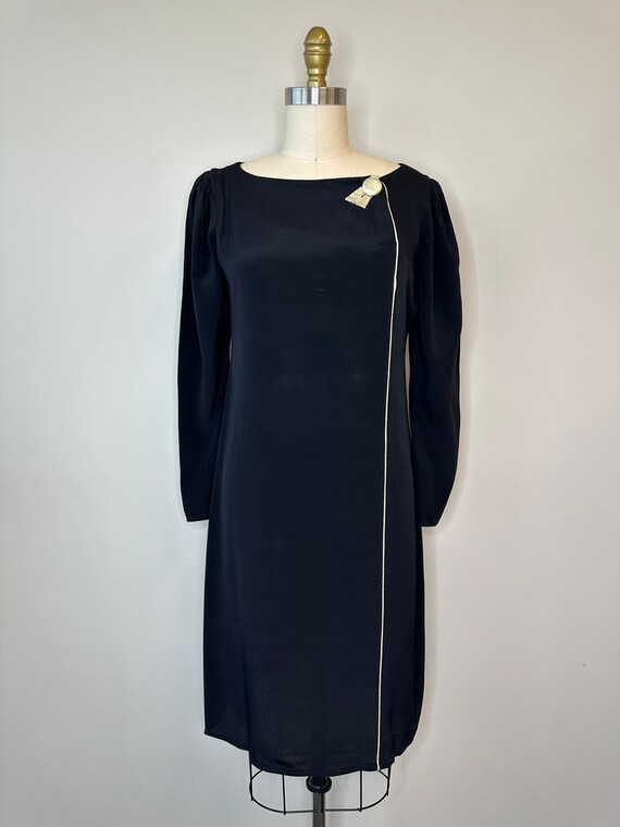 Vintage Black Shift Dress with Gold Button - image 2