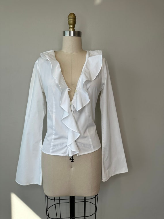 90s White Ruffle V-Neck Lantern Sleeve Blouse