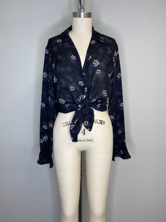 Black Silk Floral Long Flutter Sleeve Blouse - image 2