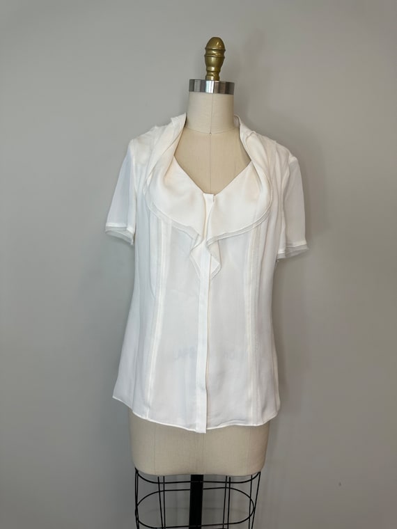 Anne Klein Cream Ruffle Silk Short Sleeve Blouse - Etsy