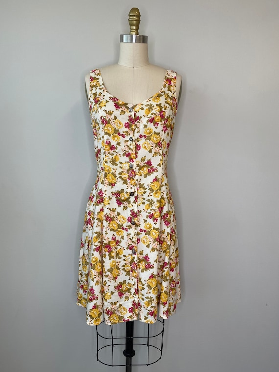 90s Short Red & Yellow Floral Short Day Dress