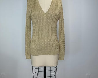 Lauren Ralph Lauren Gold Metallic V-Neck Sweater