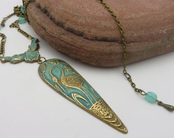 Art Nouveau Necklace in Bronze and Verdigris Highly Detailed GREAT Blue Heron Teardrop PENDANT Gatsby, Style Simply Stunning ! Handmade