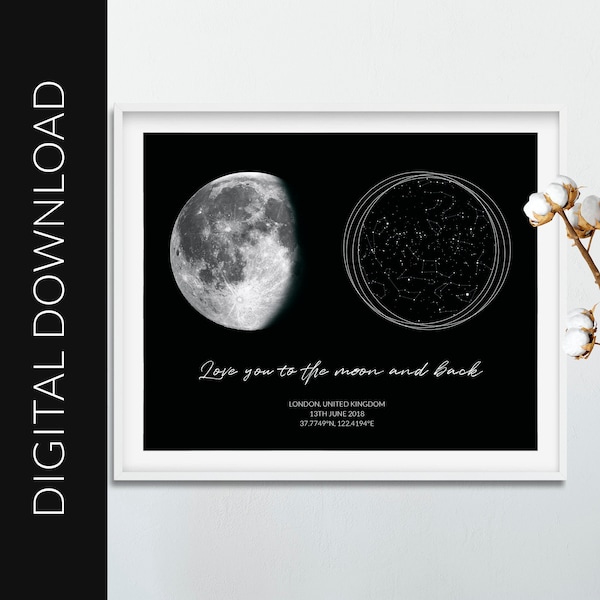 Custom Digital Star Map With Moon Phase, 20x16in, Great Personalized Map by Date, Anniversary, Wedding or Birthday gift