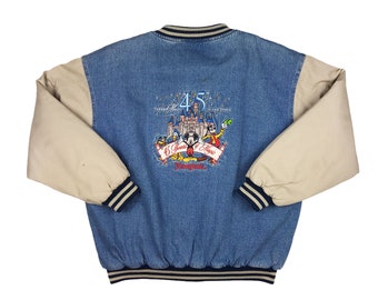 vintage denim varsity jacket with khaki sleeves