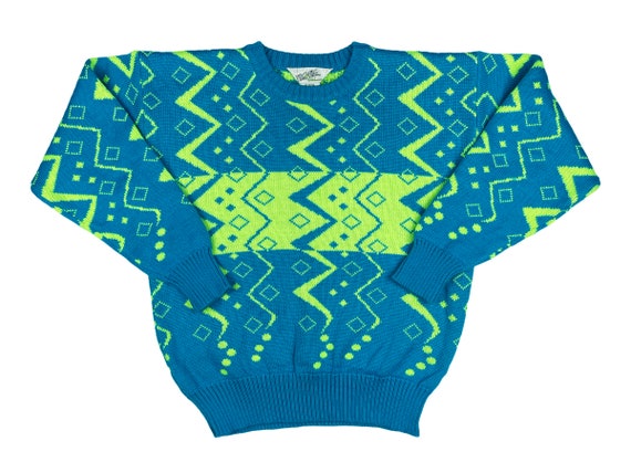 Vintage Winter Sweater 80s Skiing Neon Geometric A