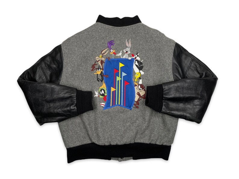 Vintage Looney Tunes Leather Jacket 90s Six Flags Wool Bomber R2