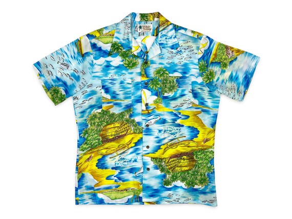 Sears 70s Hawaiian Fashions, Vintage Hawaiian Aloha Tiki Shirt, Loop Collar Polyester M main image 0