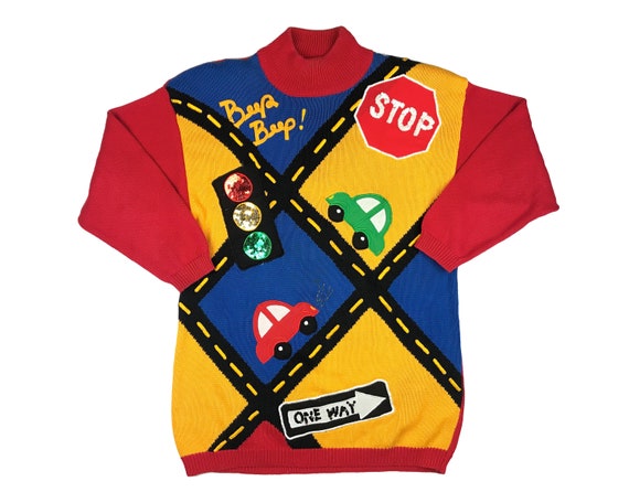 Vintage Traffic Sweater 80s Novelty Kitsch Marie D