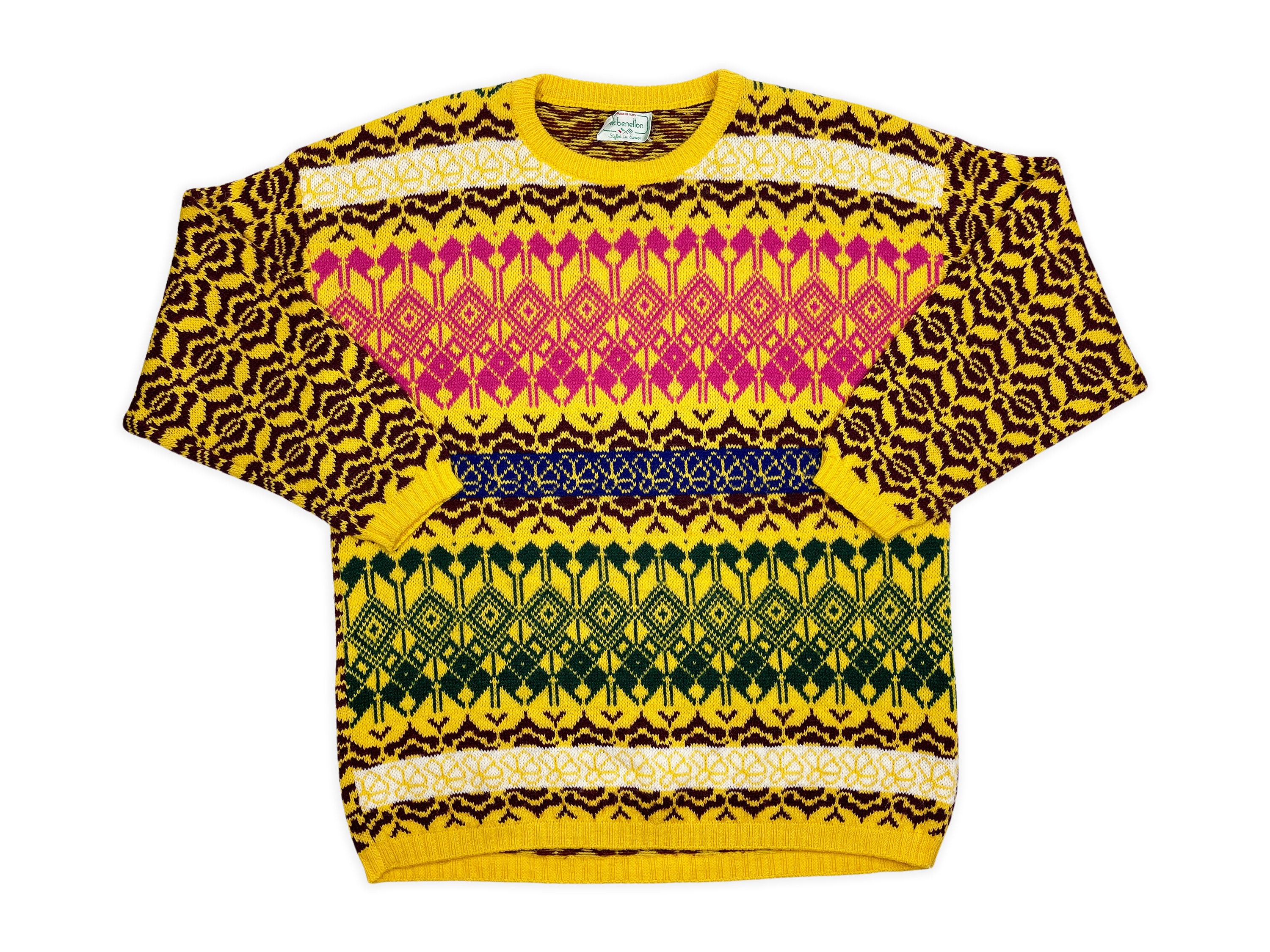 Vintage Winter Sweater 80s 90s Benetton Acrylic Wool Colorful