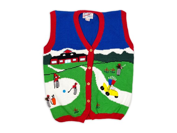 Vintage Golf Sweater Vest Golfing Cardigan Ugly Sweater 80s 90s G10