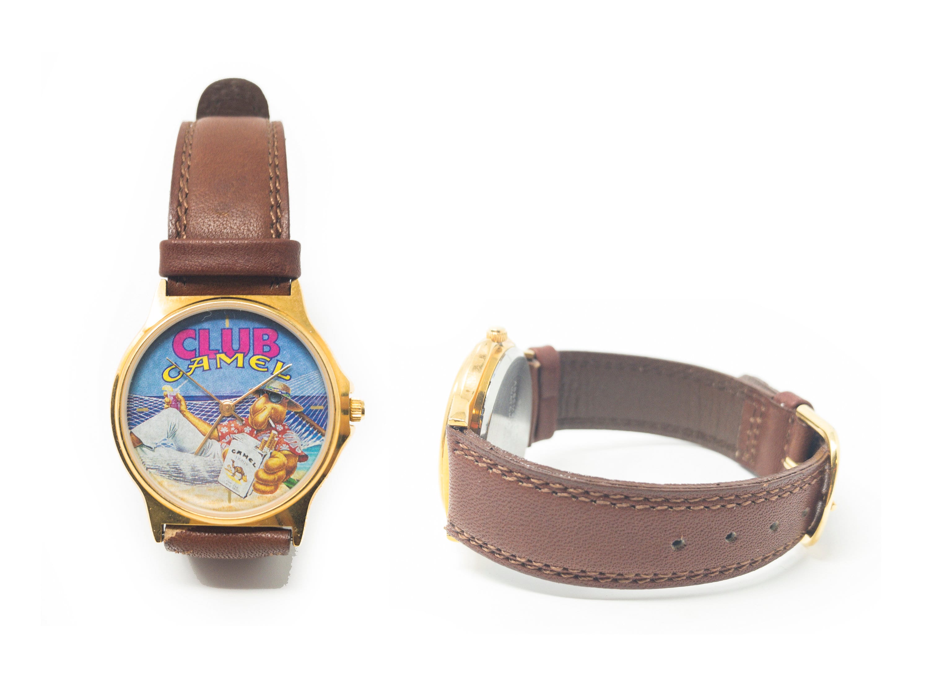 Vintage Camel Club Watch 90s Joe Camel Cigarettes Analog Wristwatch Leather Band WORKING