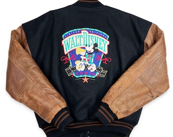 Vintage Walt Disney Studios Jacket • 90s Mickey Mouse Leather Wool Large