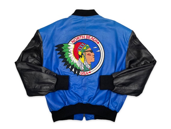 Vintage North Beach Leather Jacket 90s Indian Chief Native American R2
