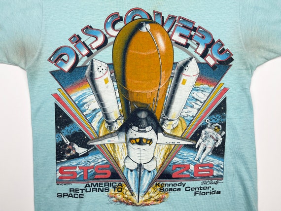 Vintage NASA Shirt Discovery Etsy Shuttle FLAWED STAINED - Launch Center Florida Space 80s Kennedy V17