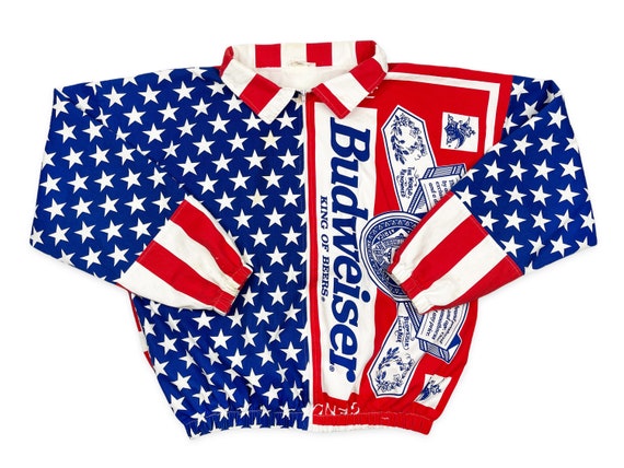 Vintage Budweiser Jacket American Flag 80s All Over Print USA Beer STAINED R5