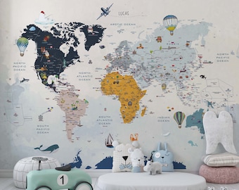 Kids world map,  world map wallpaper, kids wallpaper, animals map